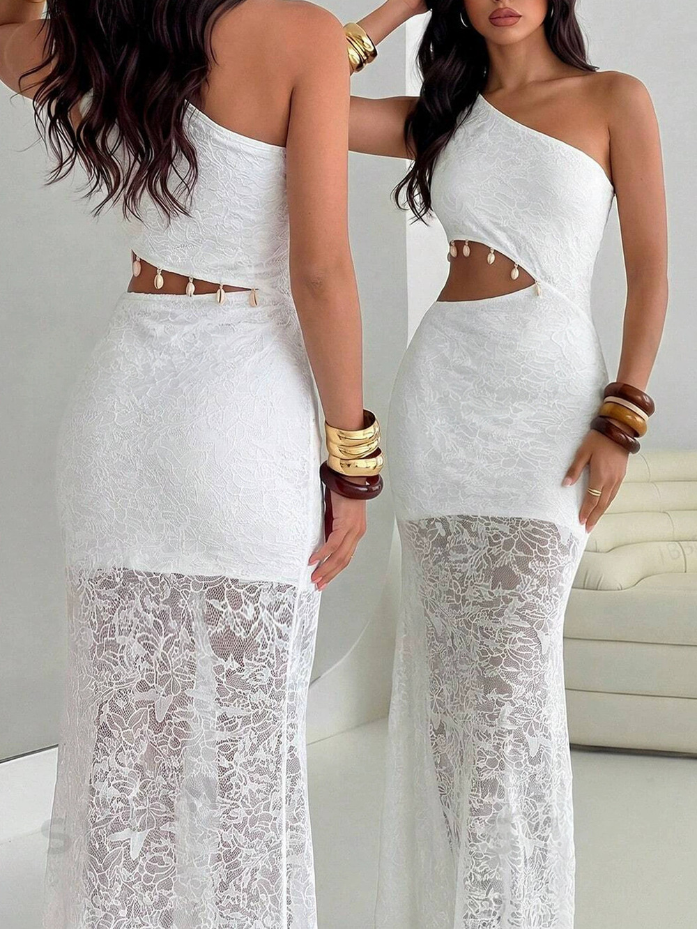 Zara New Summer Mid Waist Lace Cutout One Shoulder Dress